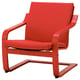 Red ikea poang armchair with wooden frame, cushioned seat, curved armrests, rocks, nytillverkad collection.