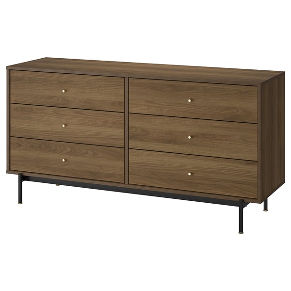 Brown wooden 6-drawer chest, modern design with metal legs, ideal for storage and display.