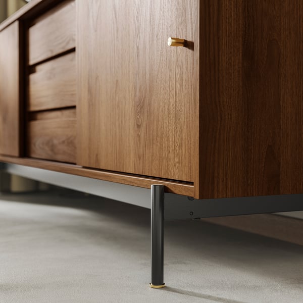 Wooden tv bench with sleek design and sturdy metal legs, showcasing quality craftsmanship and mid-century style.