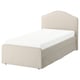 RAMNEFJÄLL bed, beige, upholstered, curved headboard, piped edges.