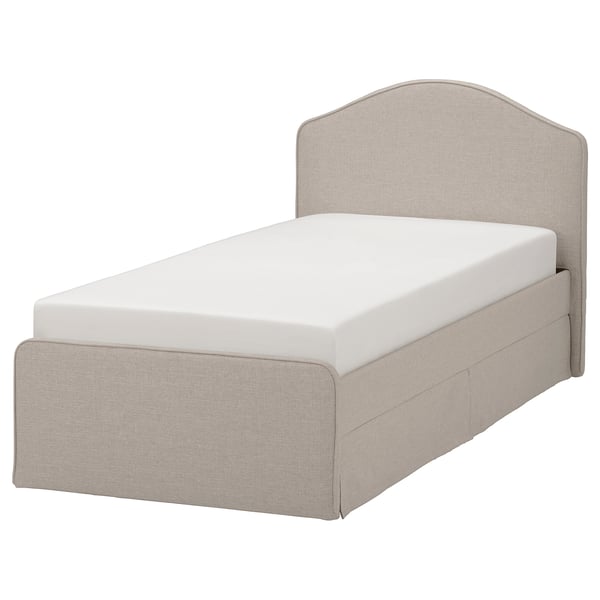 RAMNEFJÄLL bed in beige, upholstered with a curved headboard and piped edges, offering a classic look and comfort for relaxed reading or watching tv.