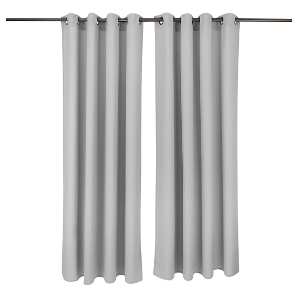 REVLUMMER curtains, silver, sleek, eyelet design, hanging vertically.