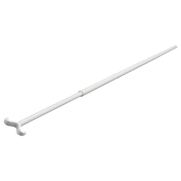 A white RIKTIG extendable draw rod for roller blinds. It is sleek, linear with a hook at one end, made primarily from recycled aluminium.