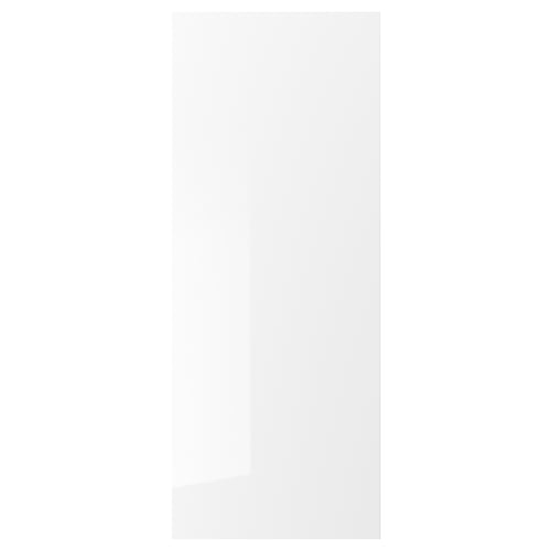 A white, glossy RINGHULT kitchen cabinet door with straight lines and a sleek design. The material is fibreboard with a melamine foil front.