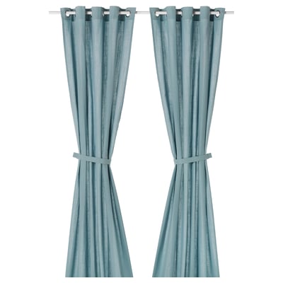 RITVA Curtains with tie-backs, 1 pair, grey-blue/with eyelets, 145x250 cm