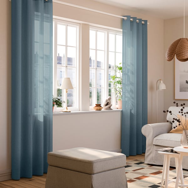 RITVA Curtains with tie-backs, 1 pair, grey-blue/with eyelets, 145x250 cm