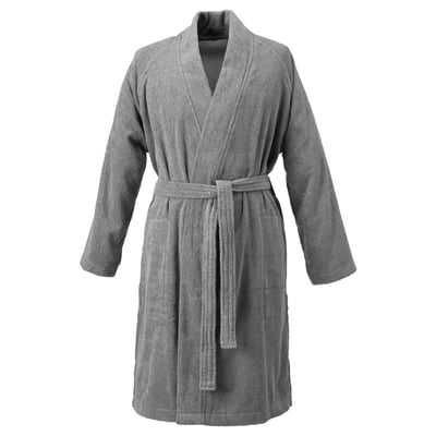 A grey, terry cotton bathrobe named ROCKÅN, designed for comfort with adjustable belt loops, side pockets, and diagonal sleeve seams.