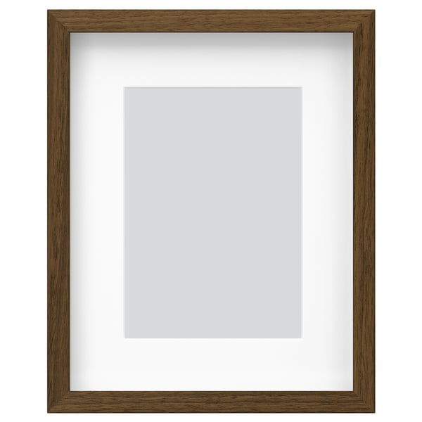 Outer wooden frame, inner white mat, empty picture frame, brown colour, rectangular shape.