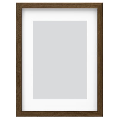 Brown wooden picture frame with white mat, fits vertically or horizontally, includes hanging hook.