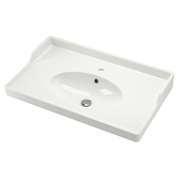 RUTSJÖN white ceramic sink, oval bowl, raised backsplash, durable, traditional style.