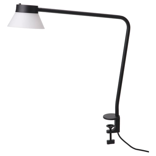 SAMBORD clamp lamp in black with adjustable arm and white shade.
