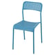 A blue sandberg chair with a perforated seat and backrest, designed for stacking and easy cleaning.