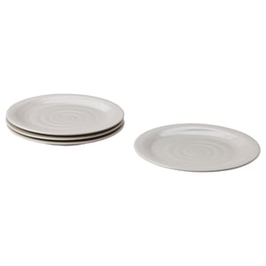 Four light grey, round, ceramic plates with a subtle textured swirl design, neatly stacked and displayed against a white background.