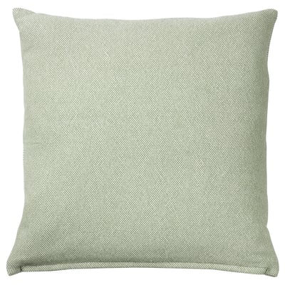 Square gray-green cushion with zip, textured cotton cover, duck feather filling.