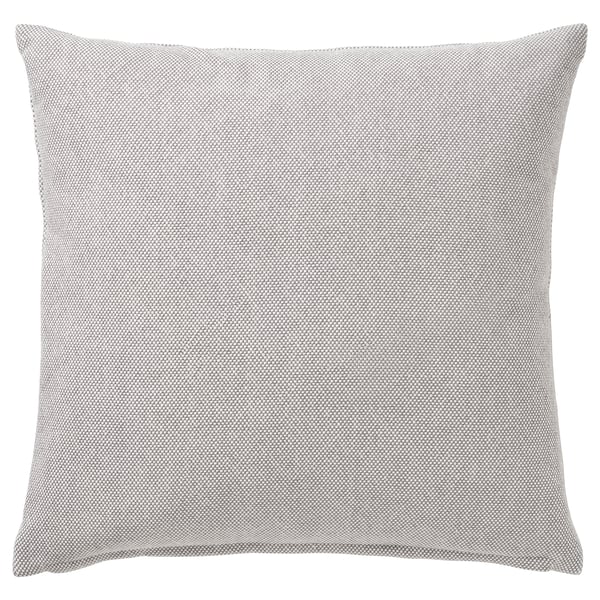 A plush, square sandwich pillow in grey and white with a textured cotton cover and duck feather filling.