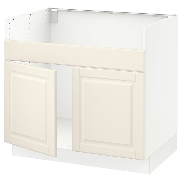 An off-white SEKTION kitchen cabinet in classic design with bevelled edges, featuring wooden doors and a sturdy metal frame structure.