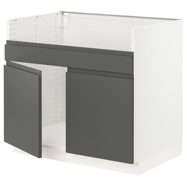 Modern grey kitchen unit, rectangular, sleek handle-less design, sturdy frame.