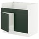 A SEKTION kitchen cabinet in white and green. It a modern design with flat panel doors and drawer fronts.