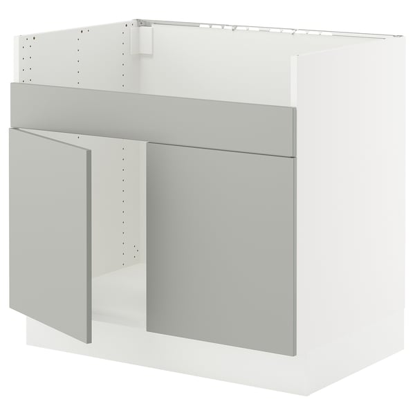 SEKTION light grey kitchen cabinet, modern, clean design, sturdy, metal hinges.