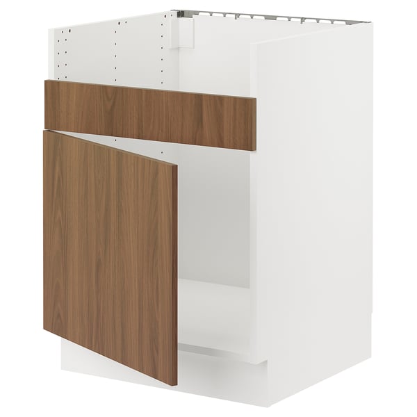 White and wood SEKTION kitchen cabinet, sleek design, modern walnut finish, smooth surface, openable door.