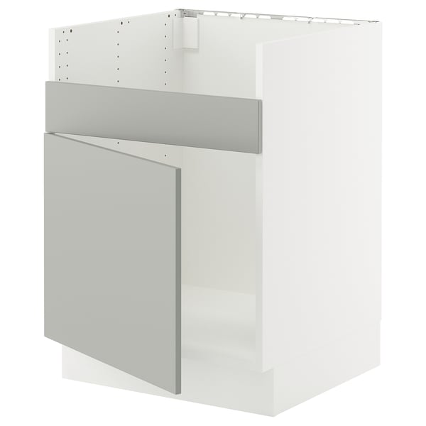 Modern white and grey kitchen cabinet with one visible door and a sleek, minimalist design.