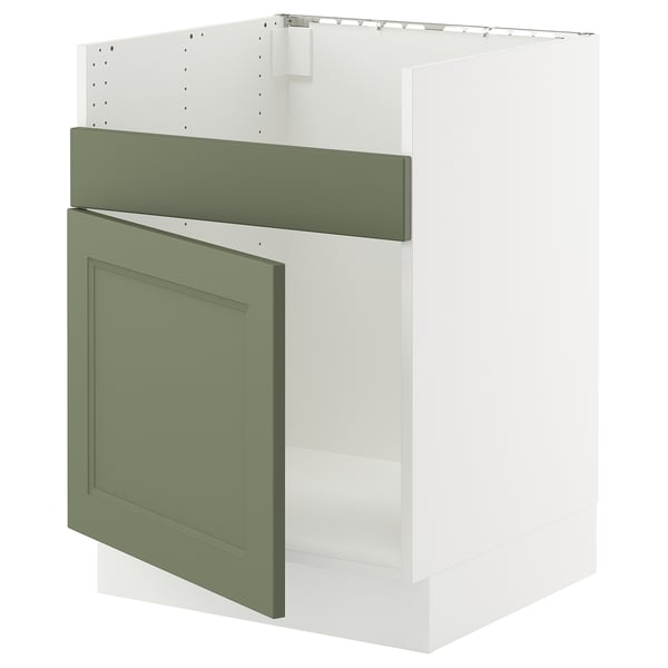 Modern kitchen unit with green-gray door, minimalist design.