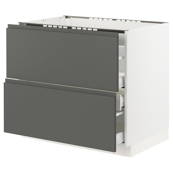 Ikea SEKTION gray kitchen cabinet with drawers.