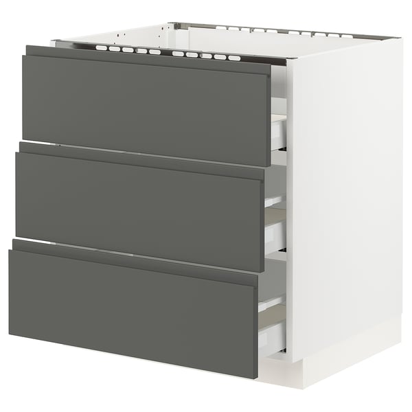 Modern grey kitchen cabinet with three drawers, white frame, minimalist design.