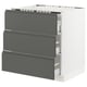 Modern grey kitchen cabinet with three drawers, white frame, minimalist design.