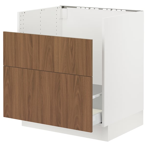 Modern kitchen unit: SEKTION in white with walnut drawers. Square, sleek, and minimalist design.