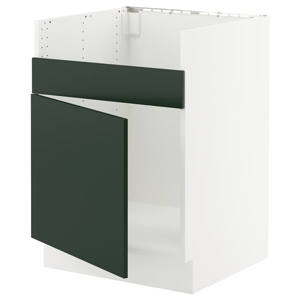 SEKTION kitchen cabinet, deep green havstorp, modern design, white square shape, white frame.