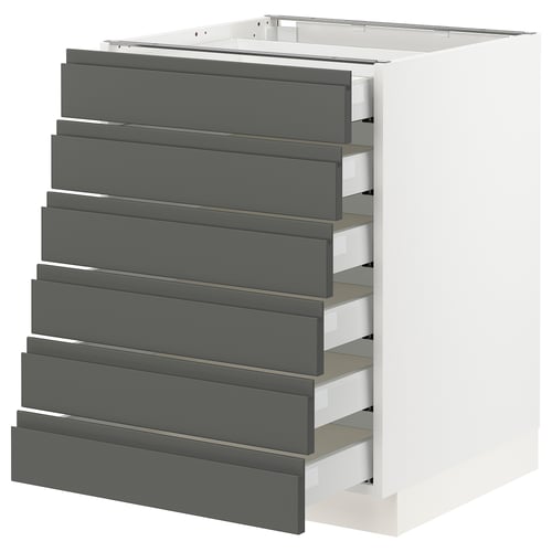 White kitchen cabinet with eight grey drawers, modern design with handle-less fronts.