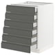 White kitchen cabinet with eight grey drawers, modern design with handle-less fronts.