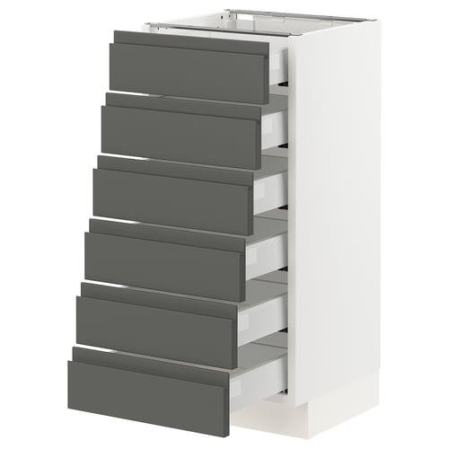 The SEKTION kitchen cabinet in white with dark grey drawers. Modern design, six drawers, smooth and sturdy build.