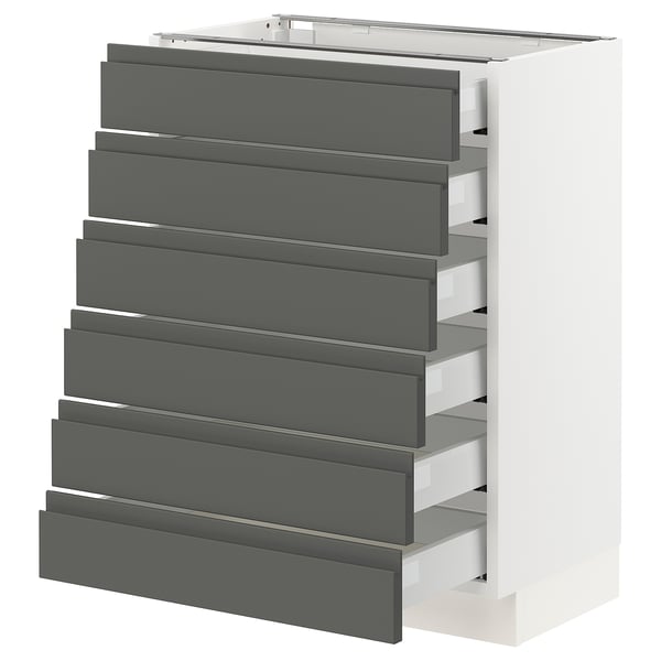 SEKTION kitchen unit with grey drawers and white frame.