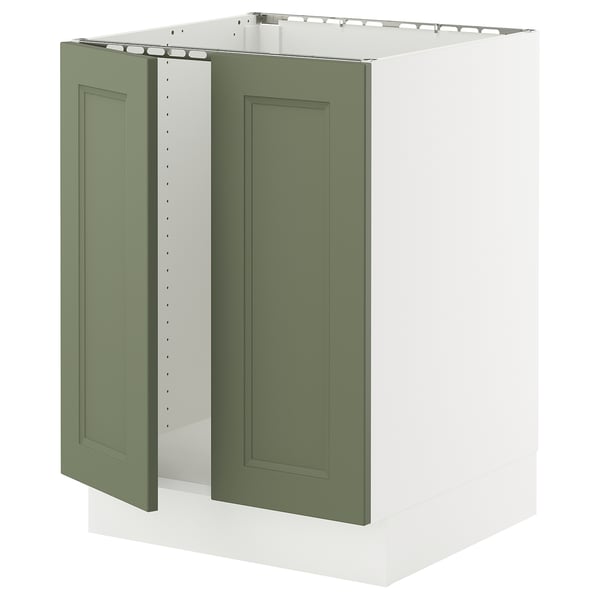 An ikea SEKTION kitchen cabinet with grey-green axstad doors, featuring a modern or traditional design with a sturdy frame and snap-on hinges.