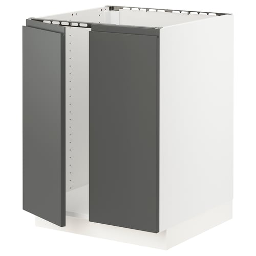 A modern kitchen cabinet, named SEKTION, in white and matt dark grey from IKEA. It sleek, integrated handles and sturdy construction.