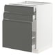 A modern kitchen cabinet in white with dark grey drawers. It smooth-running drawers with integrated handles and a sturdy frame.