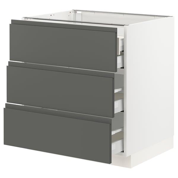 Ikea SEKTION kitchen unit, dark grey, three drawers, white frame, modern design.