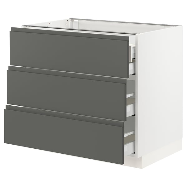 SEKTION kitchen unit in dark grey, modern design, three drawers, particleboard base.