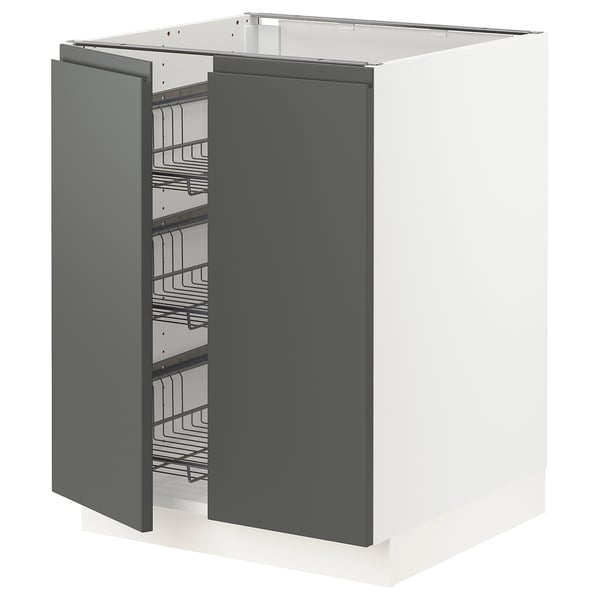 SEKTION kitchen cabinet in white and dark grey with pull-out wire baskets.