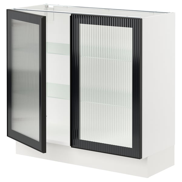 Modern white cabinet with black textured glass doors, metal frame, and sleek handles. Adjustable glass shelves inside.