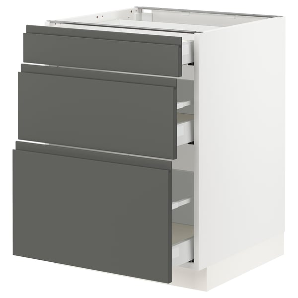 Modern grey kitchen cabinet with three full-extension drawers.