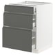 Modern grey kitchen cabinet with three full-extension drawers.