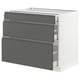 A modern, white kitchen cabinet with grey drawers. It has a sleek, rectangular design with integrated handles.