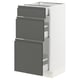 Modern grey and white kitchen cabinet with integrated handles and drawers.