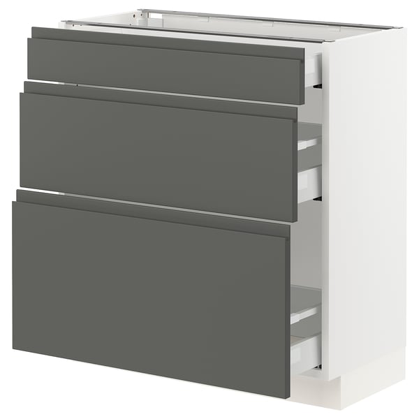 SEKTION kitchen unit, white & grey, modern design, 3 grey drawers, sleek handles.