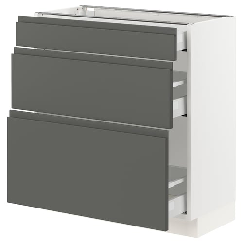 SEKTION kitchen unit, white & grey, modern design, 3 grey drawers, sleek handles.