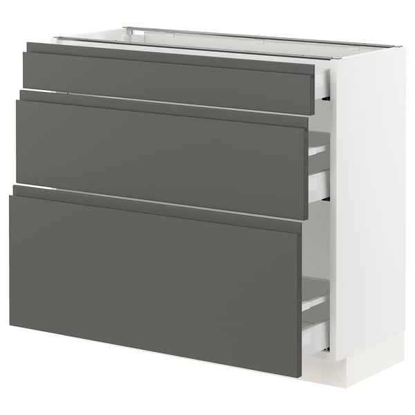 Dark gray ikea SEKTION kitchen cabinet with 3 drawers and sleek, dampened handles.