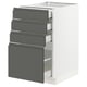 Modern grey kitchen cabinet with five drawers and white frame.